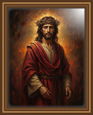 Jesus Christ wearing a crown of thorns in an oil painting style. Painterly brushwork on hair, skin, and thorn details