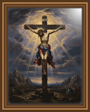 Jesus Christ on the cross, painted in a dramatic style, in oil