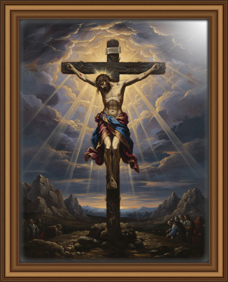 Jesus Christ on the cross, painted in a dramatic style, in oil