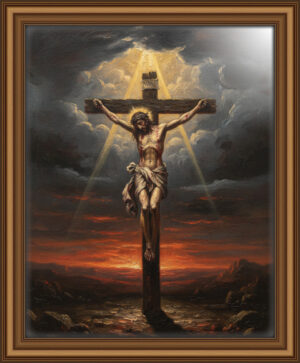 Jesus hanging on the cross in a distant full-body view, illuminated by a single divine beam from the sky