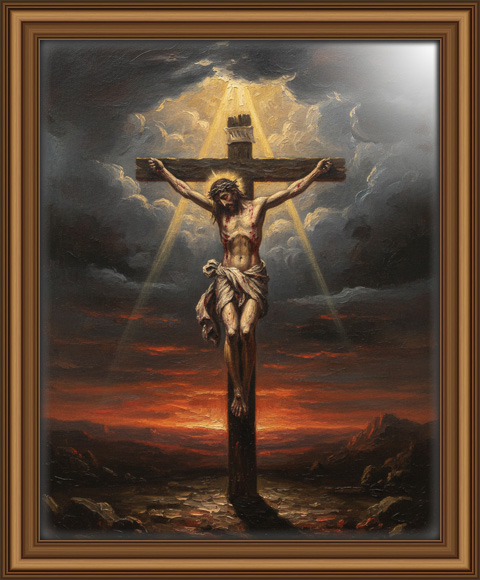 Jesus hanging on the cross in a distant full-body view, illuminated by a single divine beam from the sky