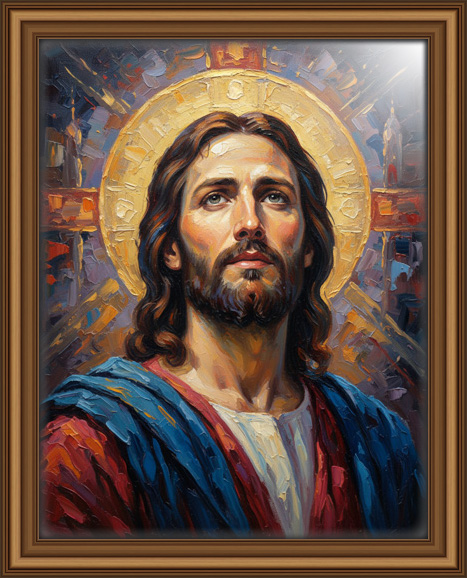 A dramatic portrait of Jesus Christ in an oil painting. Deep shadows define His face, highlighting a serene expression