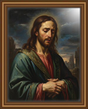 Jesus in Baroque style, showing contemplative, sorrowful, and compassionate expression