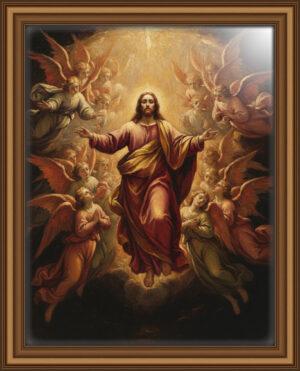 Oil painting of Jesus surrounded by ethereal angels in warm golden and crimson tones
