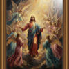 Oil painting of Jesus surrounded by ethereal angels in warm golden red and blue tones