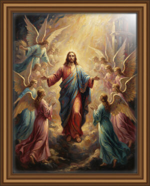Oil painting of Jesus surrounded by ethereal angels in warm golden red and blue tones