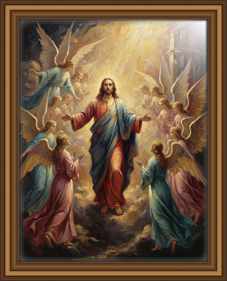 Oil painting of Jesus surrounded by ethereal angels in warm golden red and blue tones