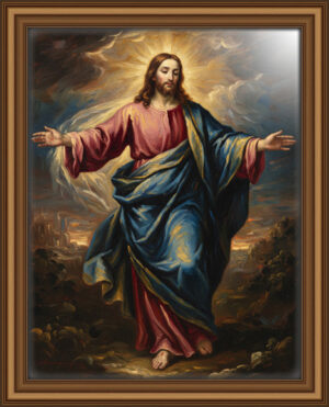 Oil painting of Jesus with arms open radiant light from above highlighting His face and robes