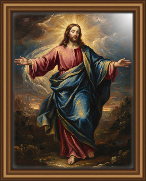 Oil painting of Jesus with arms open radiant light from above highlighting His face and robes