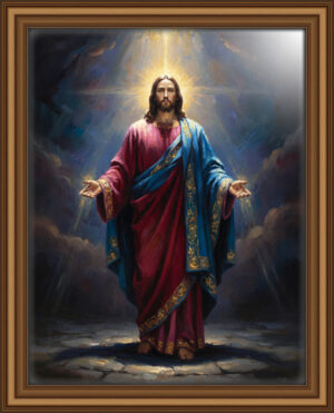 Oil painting of Jesus with arms open radiant light from above highlighting His face