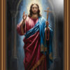 Oil painting of Jesus holding cross radiant light from above highlighting His face and robes