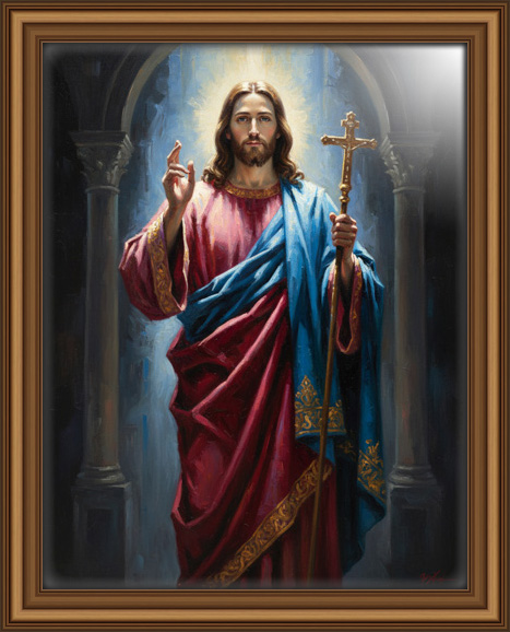 Oil painting of Jesus holding cross radiant light from above highlighting His face and robes