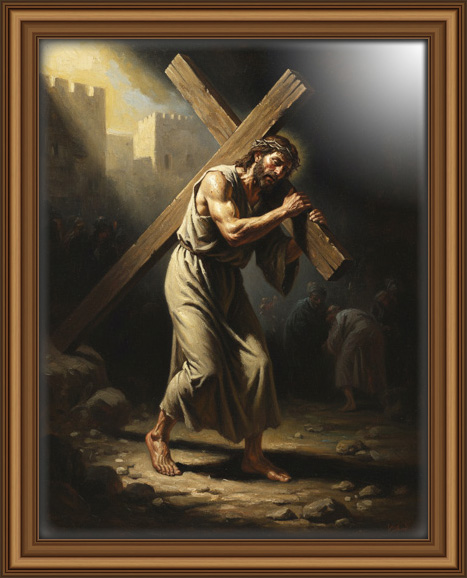 A dramatic Baroque-style full-body painting of Jesus Christ carrying the cross, dramatic light illuminates His form, digital download