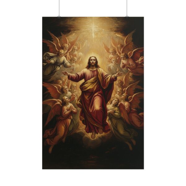 Oil painting of Jesus surrounded by ethereal angels Poster — Religious Christian Wall Art