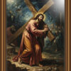 Dramatic Baroque-style, painting of Jesus Christ carrying the cross, with light illuminating the oil painting style digital download