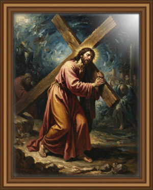 Dramatic Baroque-style, painting of Jesus Christ carrying the cross, with light illuminating the oil painting style digital download