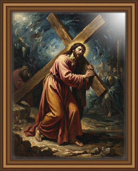 Dramatic Baroque-style, painting of Jesus Christ carrying the cross, with light illuminating the oil painting style digital download