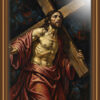 Dramatic Baroque-style painting of Jesus Christ carrying the cross, with light illuminating the oil painting style digital download, closeup