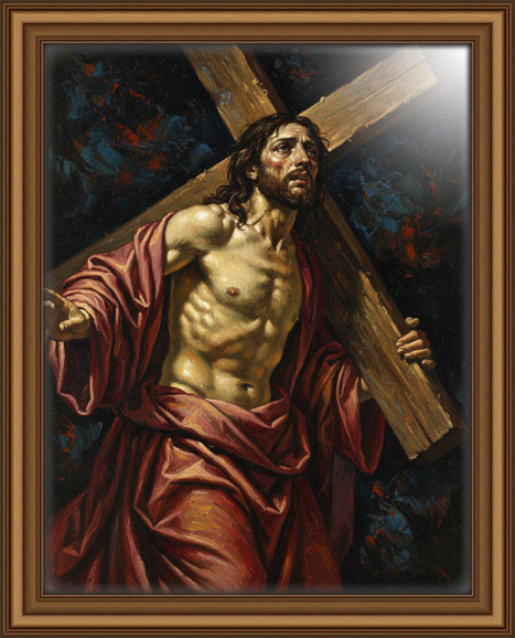 Dramatic Baroque-style painting of Jesus Christ carrying the cross, with light illuminating the oil painting style digital download, closeup