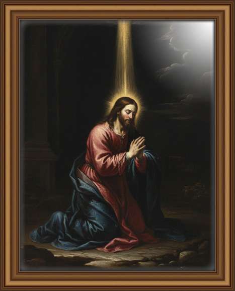 A dramatic oil painting portrait of Jesus Christ, illuminated by a divine beam of light