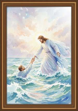 13mm Jesus Saves Peter from Drowning Watercolor Art | Soft Pastel Christian Painting, Faith and Trust Illustration