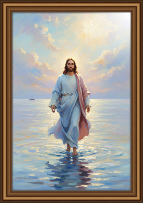 Jesus Walking on Water Modern Oil Painting | Pastel Christian Wall Art, Faith Over Fear Illustration