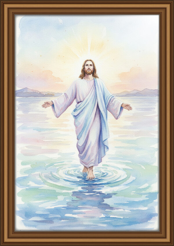 Jesus Walks on Water Watercolor Art | Soft Pastel Christian Painting, Trust and Faith Scene