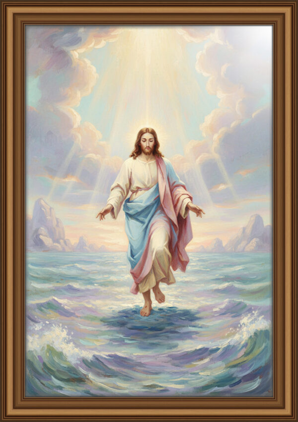 Christ Walking on the Water Oil Painting | Pastel Christian Art, Biblical Miracle Illustration