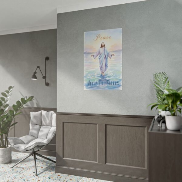 Jesus Walks on Water Watercolor Art Poster, Peace above the waves