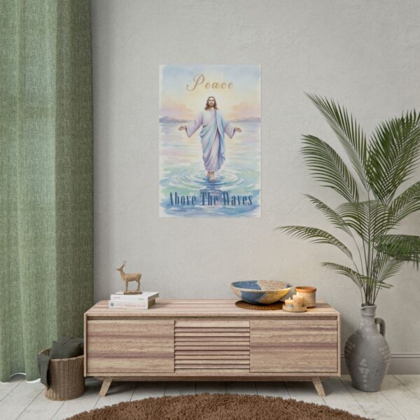 Jesus Walks on Water Watercolor Art Poster, Peace above the waves