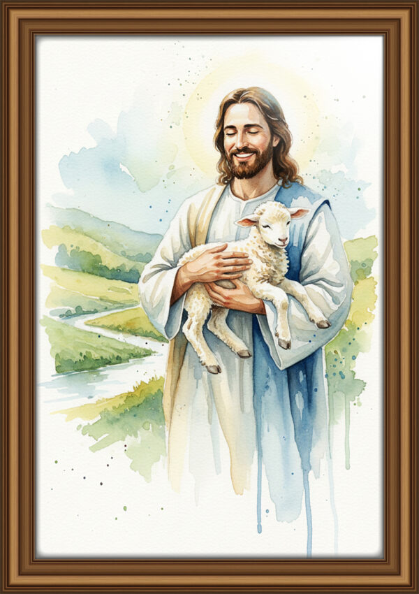 Jesus Holding the Lamb Watercolor Art Print | Peaceful Christian Wall Art, The Good Shepherd Illustration
