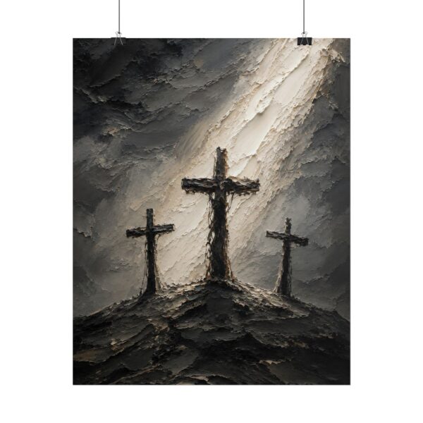 10092091289099821117_2048.jpeg Three Crosses of Calvary Poster | Modern Golgotha Good Friday Wall Art | Textured Charcoal & Gray Impasto Print | Minimalist Cross Decor