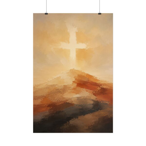 Christian Wall Art, Abstract Cross Painting Poster Print, Glowing Cross on Mountain Canvas Print, Minimalist Faith Decor, Religious Gift
