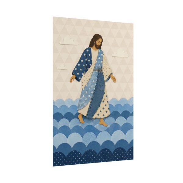 Jesus Walking on Water Poster | Denim and Stars Patchwork Christian Wall Art | Cute Scrapbook Style Faith Print | Religious Nursery Decor