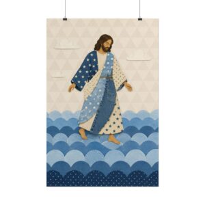 Jesus Walking on Water Poster | Denim and Stars Patchwork Christian Wall Art | Cute Scrapbook Style Faith Print | Religious Nursery Decor