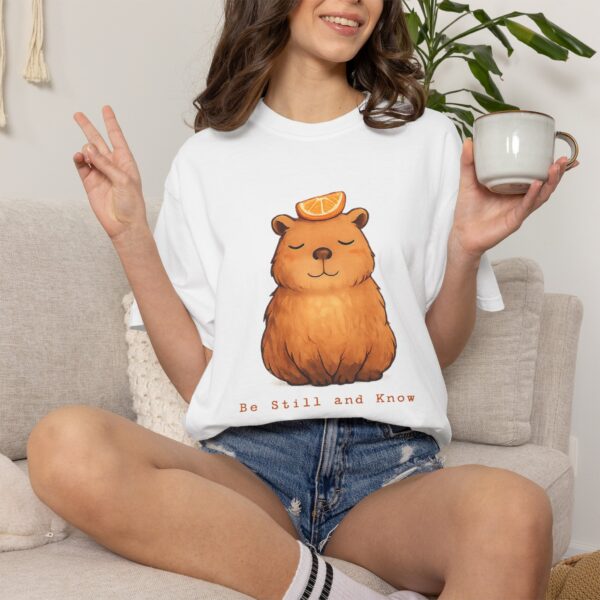 Comfort Colors® Meditating Bear with Orange Slice T-Shirt | Be Still and Know, Bible Verse Shirt, Religious Women