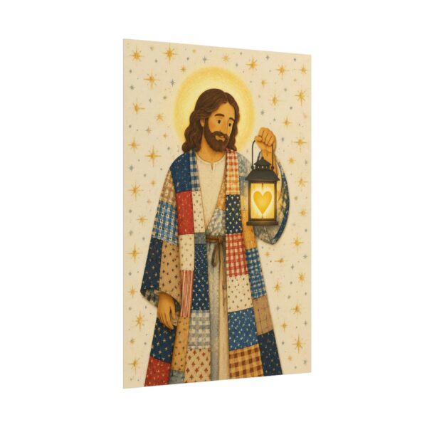 Light of the World Poster | Jesus Holding Lantern Lantern Wall Art | Patchwork Quilt Style Christian Print | Cozy Folk Art Religious Decor