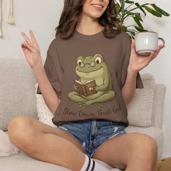 11071323902215076972_2048.jpeg Comfort Colors® Reading Frog Illustration T-Shirt | Slow Down Trust God, Cute Frog Bible Verse