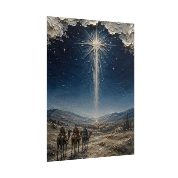 Star of Bethlehem Wise Men Poster | Modern Midnight Blue Nativity Wall Art | Textured Palette Knife Christmas Print | Holiday Faith Decor