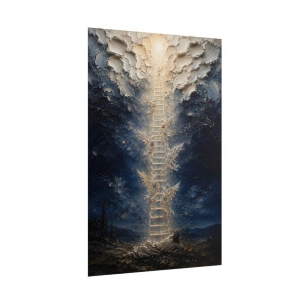 Jacob's Ladder Angels Poster | Ethereal Indigo & Silver Christian Wall Art | Textured Palette Knife Plaster Print | Modern Faith Home Decor
