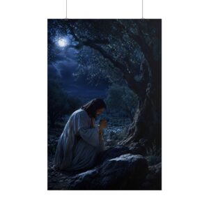 Jesus Praying in Gethsemane Wall Art, Agony in the Garden Poster Print, Moody Moonlight Christian Art, Religious Faith Canvas, Catholic Gift