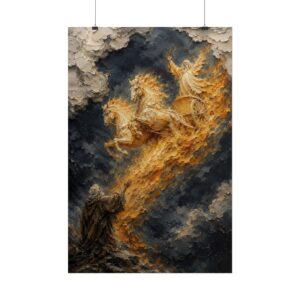 Elijah Chariot of Fire Poster | Modern Charcoal & Gold Christian Wall Art, Textured Palette Knife Plaster Print, Old Testament Miracle Decor