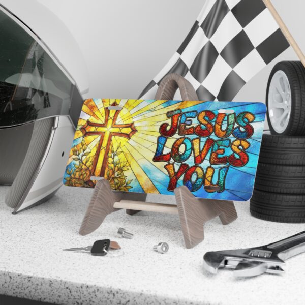 Jesus Loves You vanity plate | Christian cross stained glass design