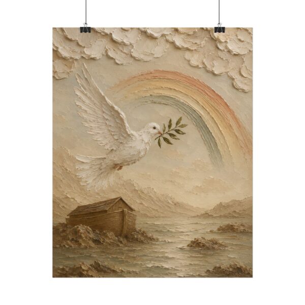 12444220911504874612_2048.jpeg Noahs Dove of Promise Poster | Modern Boho Rainbow Christian Wall Art | Textured Palette Knife Plaster Print | Warm Farmhouse Faith Decor