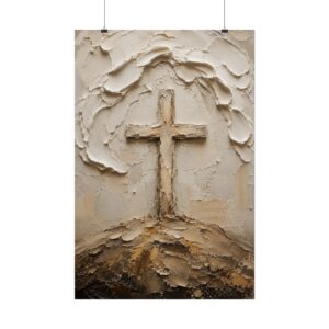 Textured Cross of Calvary Poster | Minimalist Christian Wall Art | Modern Beige Plaster Cross Print | Palette Knife Faith Home Decor