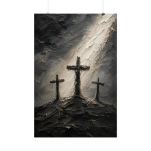 Three Crosses of Calvary Poster | Modern Golgotha Good Friday Wall Art | Textured Charcoal & Gray Impasto Print | Minimalist Cross Decor