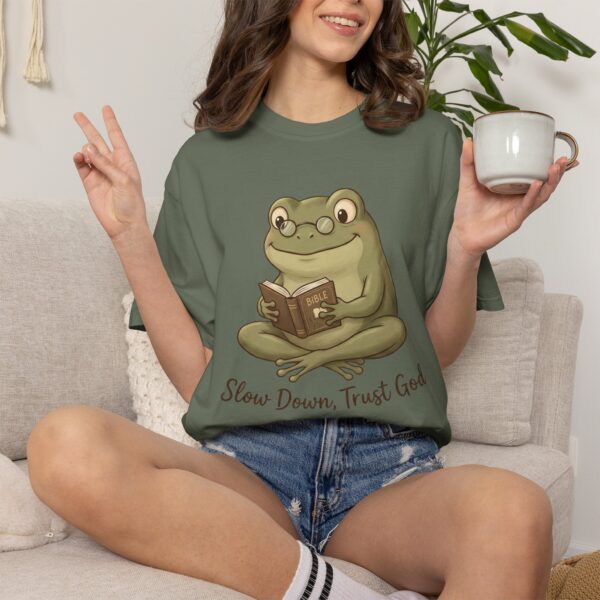13093043833200769606_2048.jpeg Comfort Colors® Reading Frog Illustration T-Shirt | Slow Down Trust God, Cute Frog Bible Verse