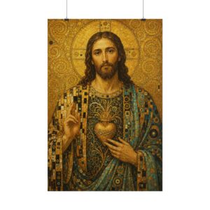 13343385779921675603_2048.jpeg Sacred Heart of Jesus Mosaic Poster, Gustav Klimt Style Christian Wall Art, Gold Leaf Christ Portrait Print, Catholic Fine Art Decor Gift