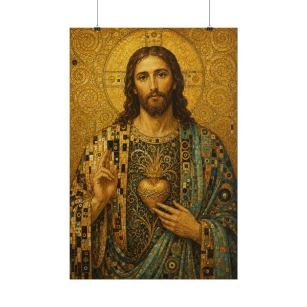 13343385779921675603_2048.jpeg Sacred Heart of Jesus Mosaic Poster, Gustav Klimt Style Christian Wall Art, Gold Leaf Christ Portrait Print, Catholic Fine Art Decor Gift