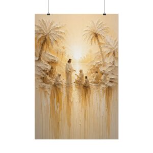 13362143074051847400_2048.jpeg Jesus and Disciples by the Shore Poster | Thick Impasto Christian Wall Art | Cream and Gold Palette Knife Print | Modern Religious Gift